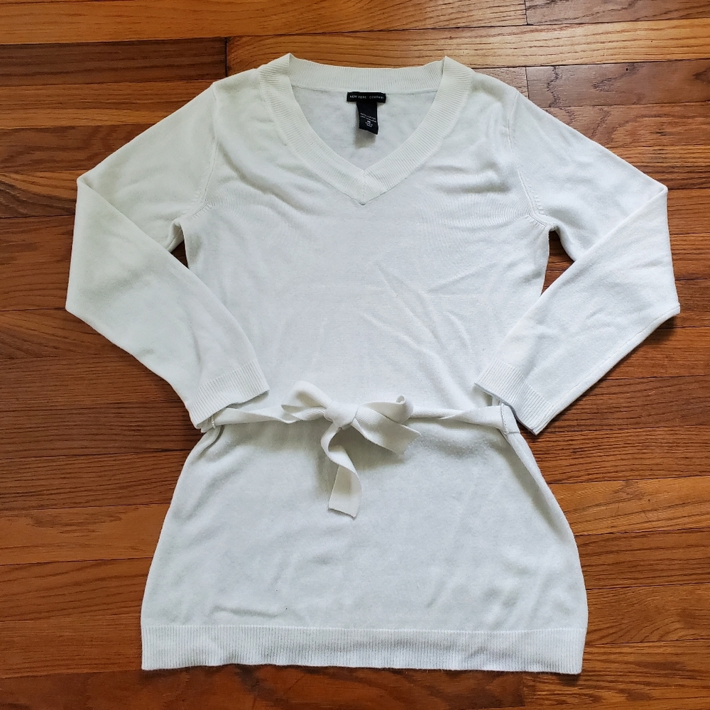 New York & Company Ivory V-Neck Tie-Waist Sweater